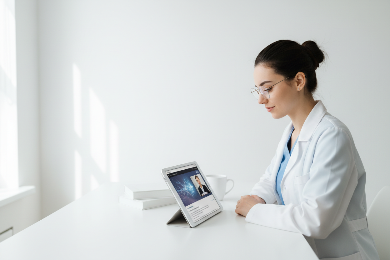 a beautiful medical student girl learning from online course keep image minimalist and whitr