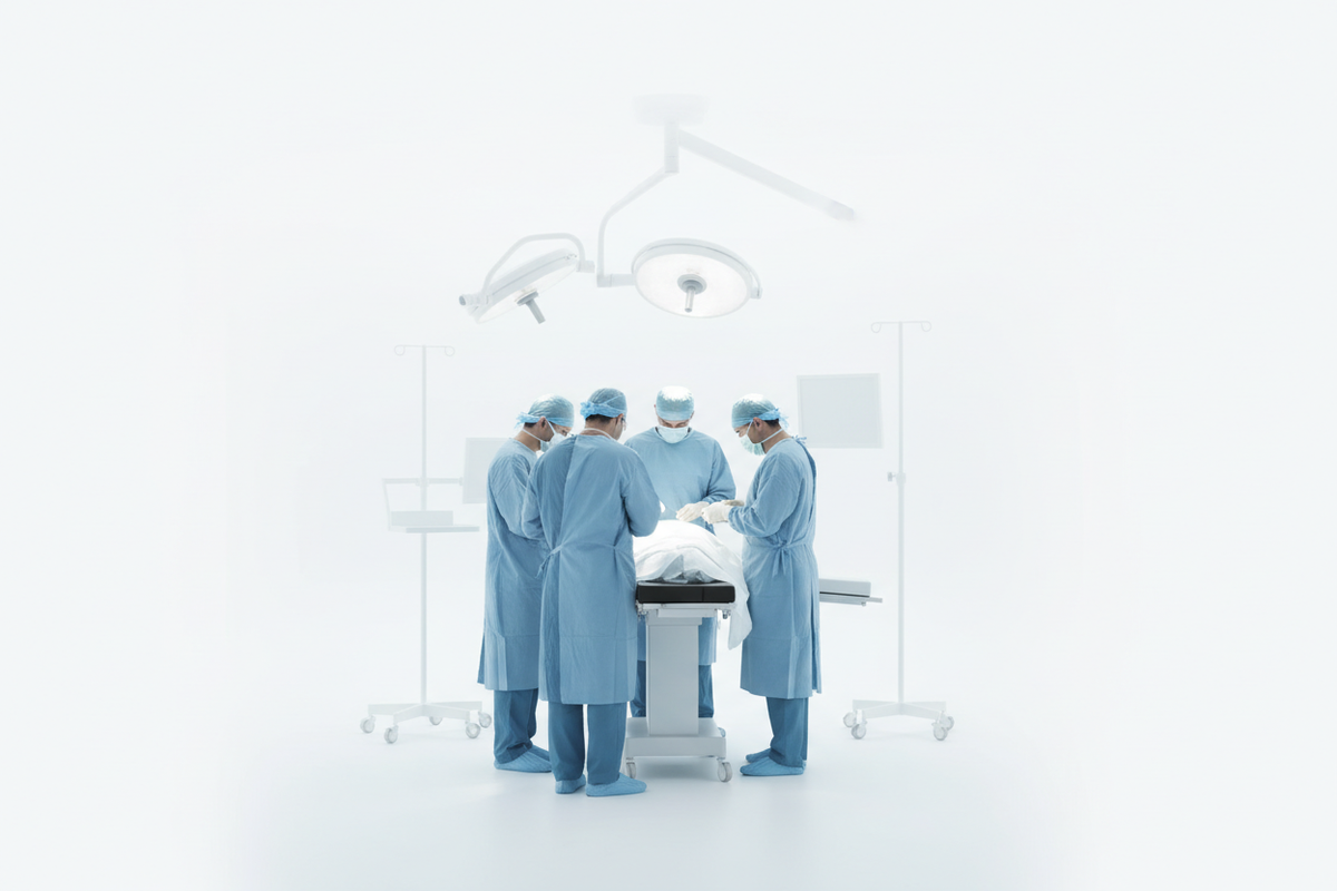 MAKE A MINIMALIST WHITESPACE IMAGE OF 4 SURGEONS DOING SURGERY IN OT